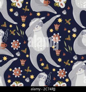 Cute sloths danzare danze dub. Modello vettoriale senza giunture Cartoon in uno stile piatto. Sloth lento pigro animale natura capretto stampa su uno sfondo scuro. Illustrazione Vettoriale