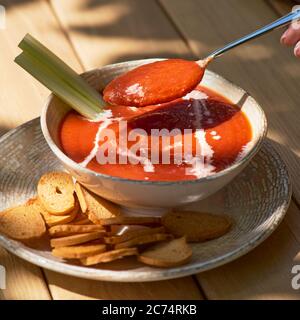 Zuppa gazpacho fatta in casa con cetrioli e sedano Foto Stock