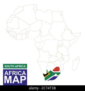 Africa ha contornato la mappa con il Sud Africa evidenziato. Mappa e bandiera del Sudafrica sulla mappa dell'Africa. Illustrazione vettoriale. Illustrazione Vettoriale