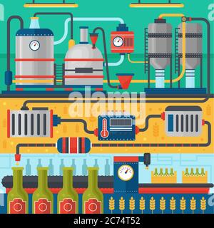 Processo di produzione della birra. Birra di sottofondo fabbrica. Disegno vettoriale piatto Illustrazione Vettoriale