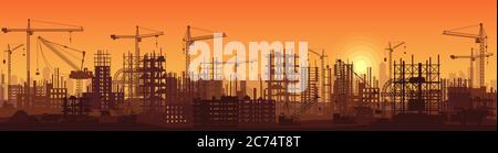 Ampio banner dettagliato con la silhouette al tramonto degli edifici in costruzione Illustrazione Vettoriale