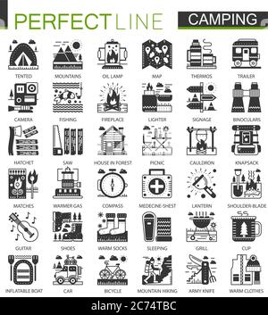 Estate campeggio classico nero mini simboli concetto. Vettore escursionismo moderno icona pittogramma illustrazioni set Illustrazione Vettoriale