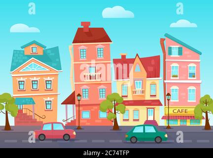 Vettore cartoon cute strada di una città colorata con negozi Illustrazione Vettoriale