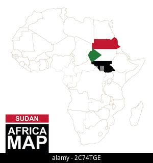 Africa ha contornato la mappa con il Sudan evidenziato. Mappa e bandiera del Sudan sulla mappa dell'Africa. Illustrazione vettoriale. Illustrazione Vettoriale