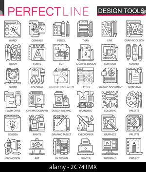 Gli strumenti di progettazione delineano i mini simboli concettuali. Strumenti di interfaccia grafica Set di illustrazioni di stile lineare a tratti moderno. Icone sottili perfette Illustrazione Vettoriale