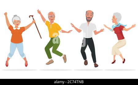 Gruppo di anziani insieme. Salto attivo e felice vecchio anziano. Illustrazione vettoriale cartoon Illustrazione Vettoriale