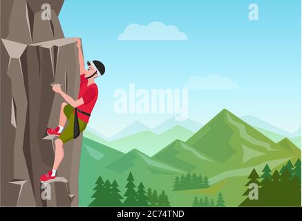 Uomo arrampicata rock. Maschio sulla roccia. Sport estremi all'aperto. Illustrazione vettoriale Illustrazione Vettoriale