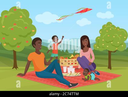 Felice giovane famiglia afroamericana con bambino in un picnic. Papà, mamma e figlio riposano in natura. Illustrazione di cartoni animati vettoriali Illustrazione Vettoriale