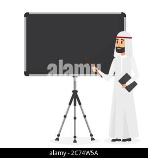 Uomo d'affari arabo che fa la presentazione sulla lavagna a fogli mobili. Uomo musulmano business plan flat vettore illustrazione Illustrazione Vettoriale
