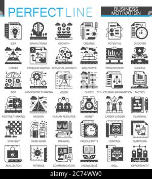 Simboli mini concept nero classico per la motivazione aziendale. Disciplina finanziaria moderna icona pittogramma vettore illustrazioni set Illustrazione Vettoriale