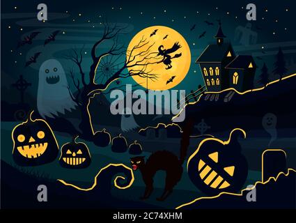 Illustrazione vettoriale di sagome di fantasmi, zucche, streghe, gatto spaventoso e altre creature e decorazioni diverse per Halloween Illustrazione Vettoriale