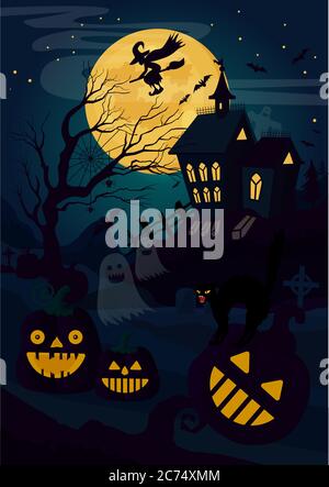 Illustrazione vettoriale di casa orrore e lanterne di zucca e gatto con strega che volano di notte. Carta Halloween Illustrazione Vettoriale