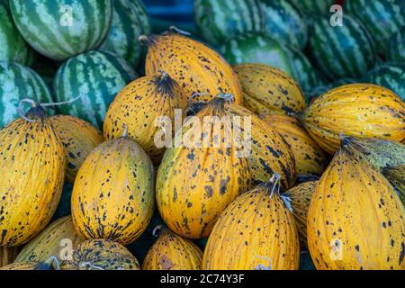 Anguria e melone in un mercato. Meloni succosi e cocomeri maturi sul mercato alimentare di Bodrum, Turchia, primo piano Foto Stock