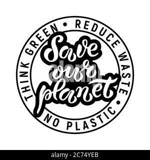 Scritta "Save our planet" disegnata a mano e digitalizzata, illustrazione vettoriale EPS 10. Poster Earth Day. Illustrazione del tema dell'ecologia. Testo motivazionale, badge tipografico disegnato, carta, cartolina, banner, tag, logo. Illustrazione Vettoriale
