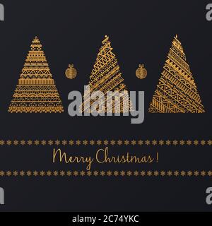 Set di alberi di Natale geometrici lineari dorati. Illustrazione Vettoriale