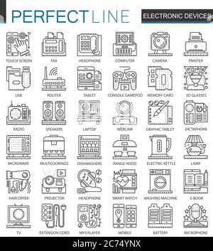 I mini simboli di concetto del dispositivo elettronico sono delineati. Set di illustrazioni stile lineare a tratti moderno per la casa. Icone sottili perfette Illustrazione Vettoriale