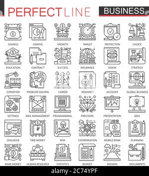 Simboli di concetto mini di Business Outline. Set di illustrazioni stile lineare a corsa moderna per la finanza. Icone sottili perfette Illustrazione Vettoriale