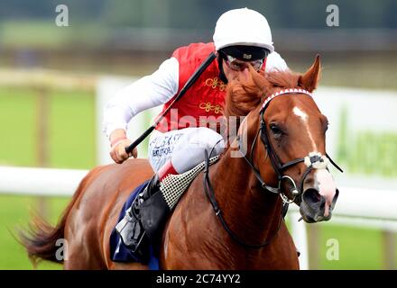 Bright Armor guidato dal fantino Adam Kirby sulla loro strada per vincere le attheraces.com aste Maiden Stakes a Bath Racecourse. Foto Stock