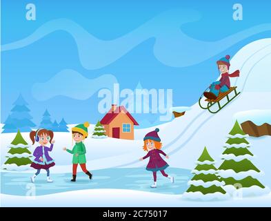 Illustrazione vettoriale di bambini allegri pattinaggio su ghiaccio e slittino in inverno. Carta vacanze invernali Illustrazione Vettoriale