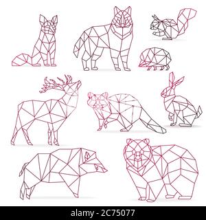 Set di animali con linea di gradiente a basso colore. Animali della linea poligonale Origami. Orso lupo, cervo, cinghiale, volpe, procione, coniglio e hedgehog isolati Illustrazione Vettoriale