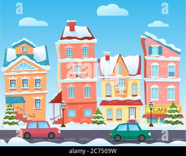 Vector Sunny carino cartoon City Street in inverno. Edifici cartoon. Sfondo natalizio con case e negozi urbani Illustrazione Vettoriale