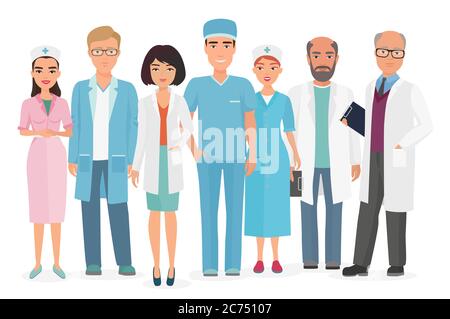 Vettore Cartoon illustrazione di gruppo di medici, infermieri e altro personale medico isolato Illustrazione Vettoriale