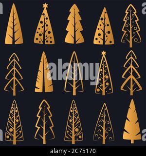 Vector Luxury ricco decorativo alberi di Natale dorati su sfondo blu scuro isolato. Illustrazione Vettoriale