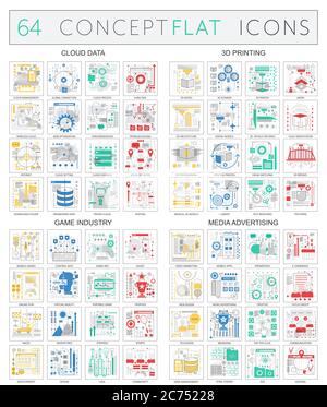 Icone concettuali di infografiche di dati cloud, stampa 3d, settore dei giochi, icone pubblicitarie sui media. Vector Premium qualità mono colore design piatto isolato. Illustrazione Vettoriale