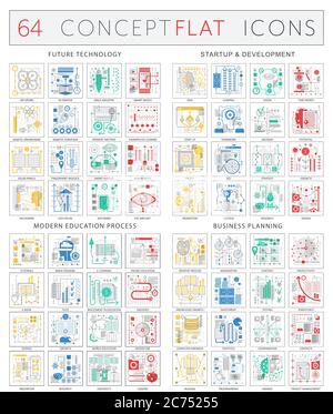 Infografiche icone concettuali della tecnologia futura, sviluppo iniziale, processo educativo moderno, pianificazione finanziaria aziendale. Vector Premium qualità mono colore design piatto isolato. Illustrazione Vettoriale