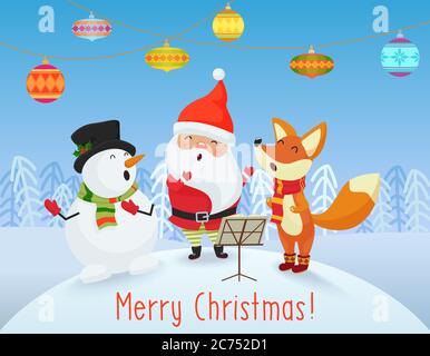 Vector Happy Christmas card con Babbo Natale, Snowman e Fox amici insieme. Illustrazione Vettoriale