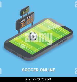 Soccer online concept vettoriale piatto illustrazione isometrica Illustrazione Vettoriale