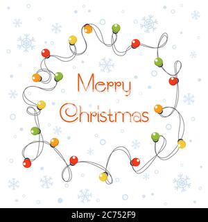 Vettore Cartoon illustrazione di colore incandescente wreath luci per Natale vacanze. Cartoni animati di Natale luci sfondo biglietto di auguri. Illustrazione Vettoriale