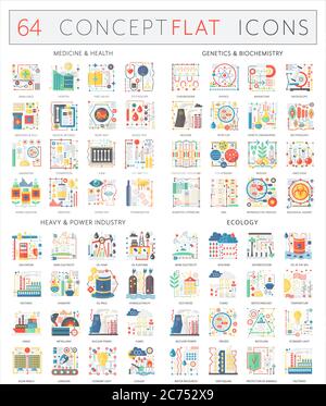 Infografiche icone concettuali della salute della medicina, della biochimica genetica, dell'industria pesante e dell'ecologia. Design piatto vettoriale di alta qualità per grafica Web isolata Illustrazione Vettoriale