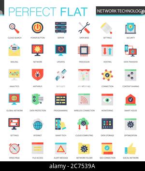 Insieme vettoriale di icone della tecnologia di rete piatta isolate Illustrazione Vettoriale