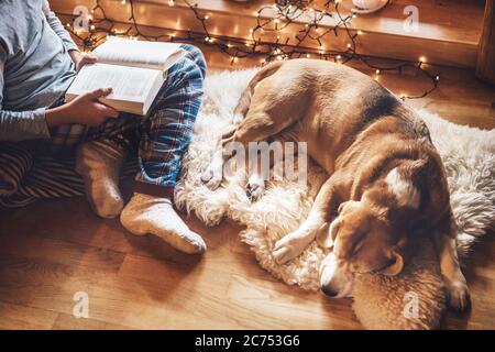 Libro di lettura del ragazzo sul pavimento vicino a scivolare il suo cane di aquila su pelle di pecora in atmosfera accogliente casa. Momenti tranquilli di accogliente casa concetto immagine. Foto Stock