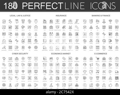 180 icone moderne e sottili insieme di legal, legal and justice, assicurazioni, finanza bancaria, cyber sicurezza, mercato economico, e commerce isolato. Illustrazione Vettoriale
