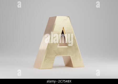 Lettera 3D in maiuscolo. Lettera d'oro isolata su sfondo bianco. Alfabeto d'oro con imperfezioni. carattere del carattere del carattere 3d con rendering. Foto Stock