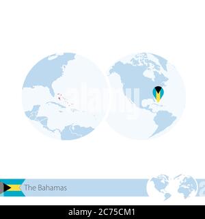 Le Bahamas sul mondo con bandiera e mappa regionale delle Bahamas. Illustrazione vettoriale. Illustrazione Vettoriale