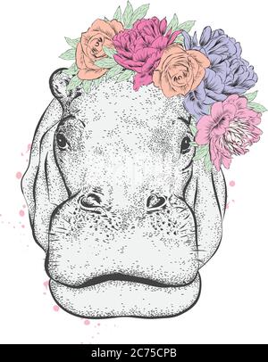 Divertente ippopotamo in una corona di fiori. Illustrazione vettoriale per una scheda o un poster. Stampa su abiti. Gerbera. Illustrazione Vettoriale