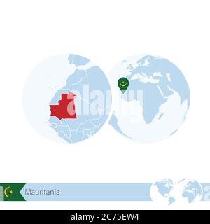 Mauritania sul mondo con bandiera e mappa regionale della Mauritania. Illustrazione vettoriale. Illustrazione Vettoriale