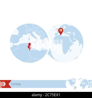 Tunisia sul mondo con bandiera e mappa regionale della Tunisia. Illustrazione vettoriale. Illustrazione Vettoriale