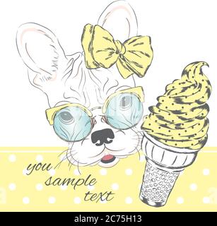 Bulldog francese con una porzione di gelato. Illustrazione vettoriale. Illustrazione Vettoriale