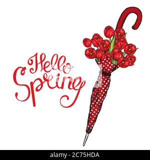 Ombrello vintage e un bel bouquet di tulipani. Illustrazione vettoriale. Fiori di primavera. Illustrazione Vettoriale