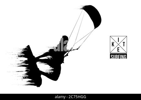 Kitesurf e kiteboarding. Silhouette di un kitesurfer. L'uomo in un salto esegue un trucco. Grande competizione aerea. Illustrazione vettoriale. Grazie per la vigilanza Illustrazione Vettoriale