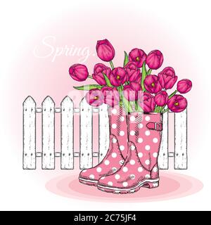 Bouquet di tulipani in uno splendido stivale in gomma a pois. Illustrazione vettoriale. Fiori di primavera. Illustrazione Vettoriale
