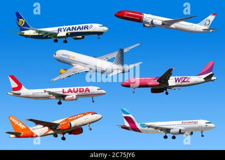 Francoforte, Germania - 7 aprile 2020: Aerei low-cost Airlines dall'Europa Ryanair Eurowings Easyjet Lauda. Foto Stock