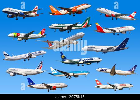 Francoforte, Germania - 7 aprile 2020: Airplanes Airlines da Europa Lufthansa Ryanair Easyjet Swiss Air France. Foto Stock