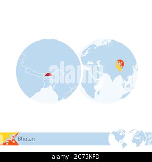 Bhutan sul mondo con bandiera e mappa regionale del Bhutan. Illustrazione vettoriale. Illustrazione Vettoriale