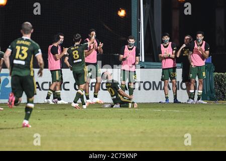 Orlando, Florida, Stati Uniti. 13 luglio 2020. Portland Timbers Midfielder Blanco, Sebastian n° 10 festeggia dopo il gol durante il torneo MLS is Back all'ESPN Wild World of Sports di Orlando, Florida USA, lunedì 14 luglio 2020. Photo Credit: Marty Jean-Louis Credit: Marty Jean-Louis/Alamy Live News Foto Stock