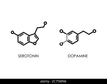 Struttura molecolare della dopamina e della serotonina. Molecola del neurotrasmettitore. Formula chimica scheletrica. Ormone della felicità e della gioia. Illustri di linea vettoriale Illustrazione Vettoriale
